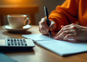 A person making a budget, 50/30/20 budget, budget spreadsheet, a person sitting down and writing down their income and expenses, expense tracker, list of monthly expenses