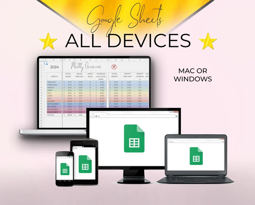 Reseller Inventory Tracker Spreadsheet for Google Sheets shown on laptop, tablet, and phone—works seamlessly across all devices.