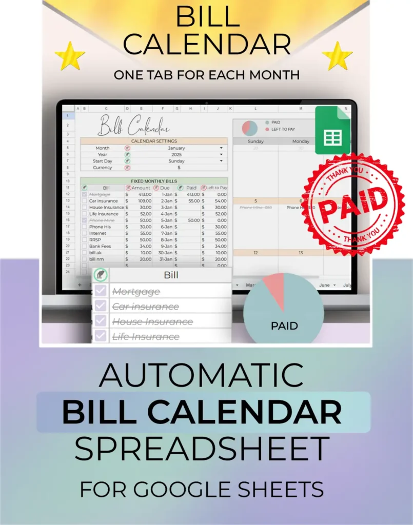 Staging picture for the Bill Calendar tracker spreadsheet for google sheets, showing product overview