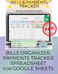 A staging picture of the Bills and Payments Tracker, showing an overview of the tab. Bills can easily be paid in multiple payments, and the payment dates recorded. The product includes video instruction. Made by Simply On Budget.