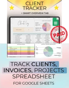Staging picture of the Client Tracker spreadsheet showing an overview of the Clients Log, table summaries, and graphs and charts. This google sheet tool provides a client log tab, an Invoices tab, a Projects Tab, and a smart overview tab. Made by Simply on Budget.
