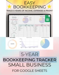 Main staging image of the Easy Bookkeeping template spreadsheet showing an overview of the main tab and the graphs and charts which are automatically generated.