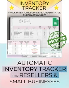 Staging picture of the Inventory and Invoice Tracker spreadsheet showing overview of the template spreadsheet. Made by Simply On Budget.