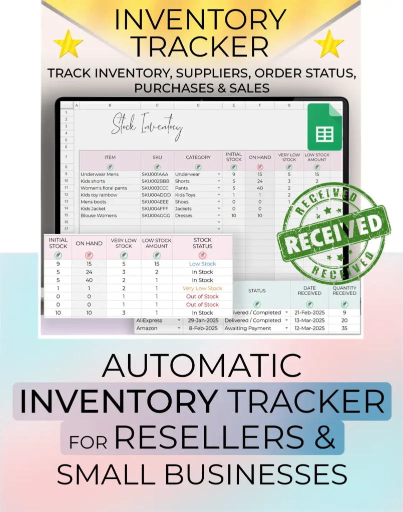 Staging picture of the Inventory and Invoice Tracker spreadsheet showing overview of the template spreadsheet. Made by Simply On Budget.