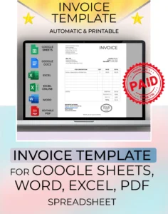 Invoice Template Spreadsheet – Google Sheets, Excel, Word, PDF | Editable & Printable - staging picture showing the template and all the formats that you will receive with the purchase