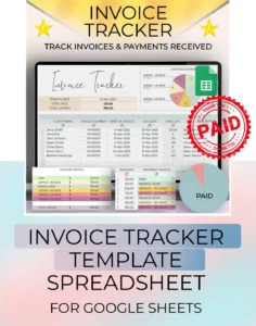 Staging picture of the Invoice Tracker spreadsheet for google sheets. This template spreadsheet is perfect for small businesses or freelancers