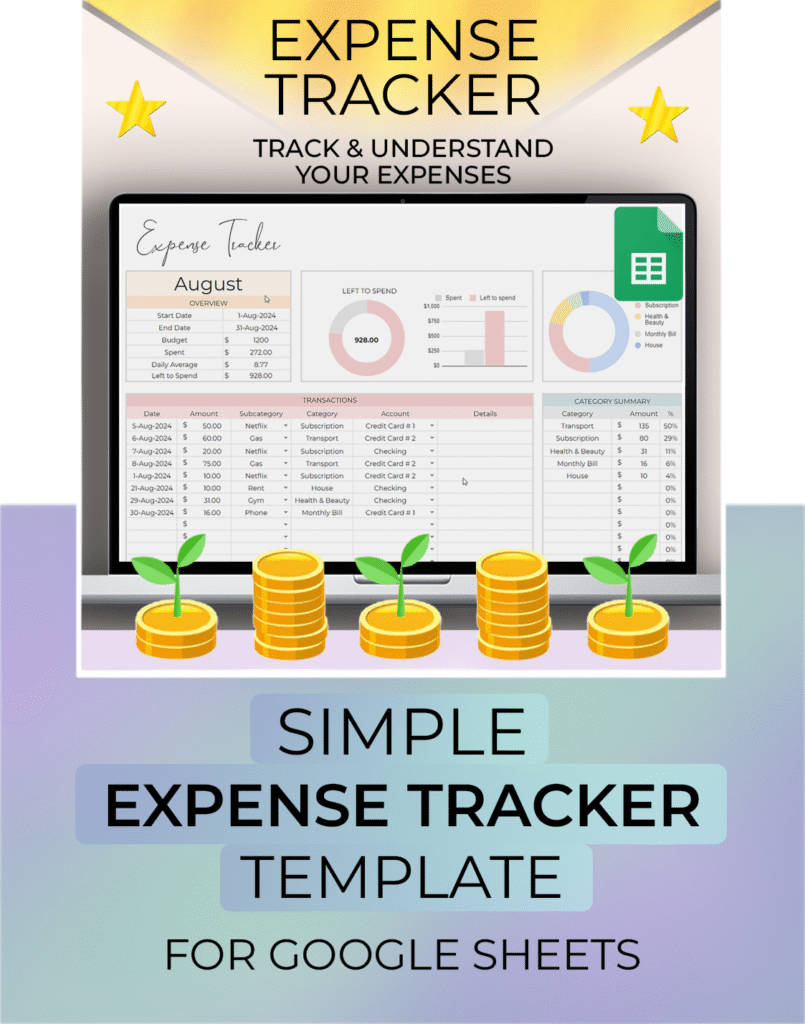 Main staging image of the Simple Expense Tracker google sheets spreadsheet, showing an overview of the template