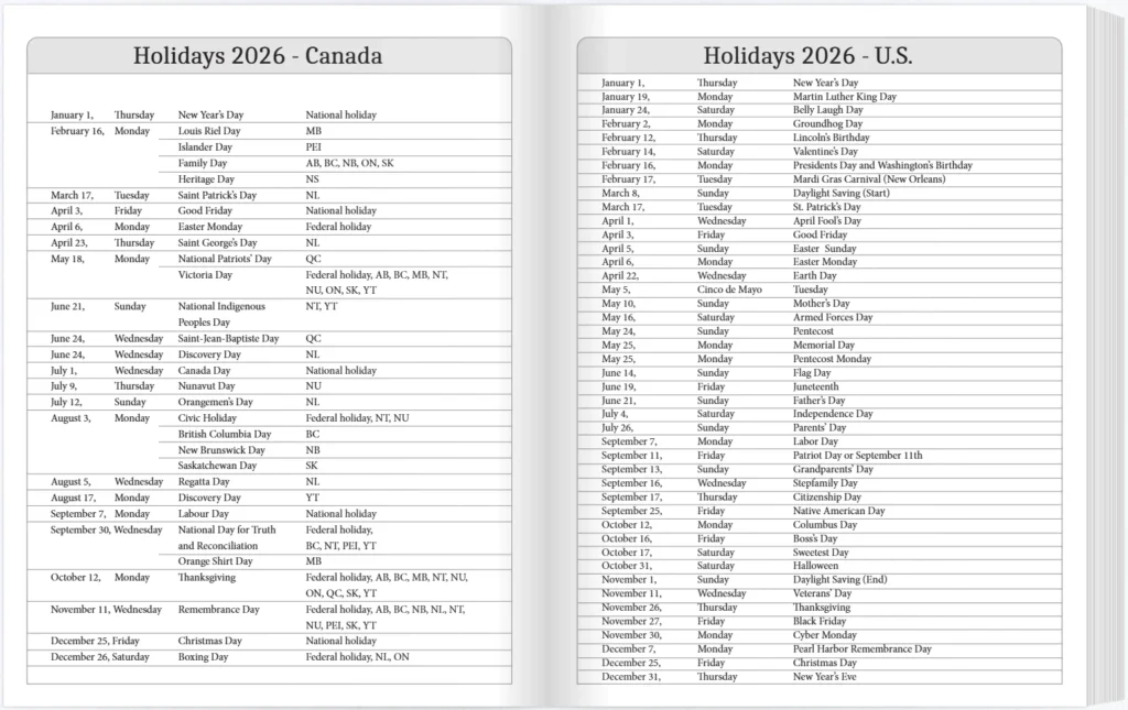 daily planner 2026 holiday overview